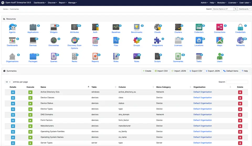 Open-AudIT summary dashboard